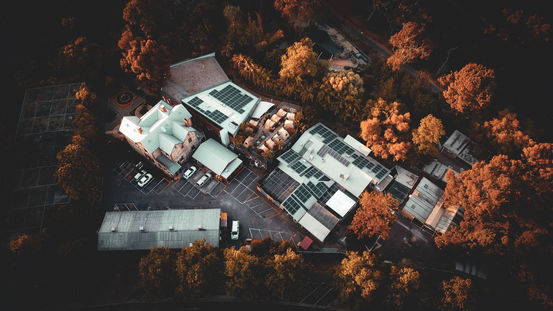 Aerial inspection view of solar panels on commercial roof